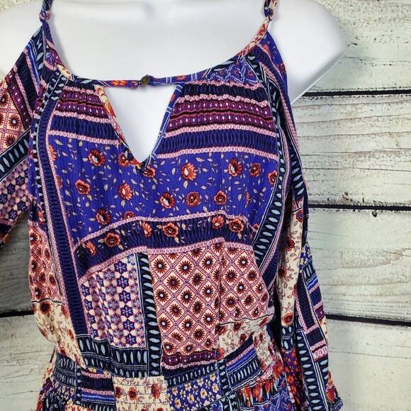 American Eagle Boho Cold Shoulder Patchwork Mini Dress Size S - Picture 4 of 8